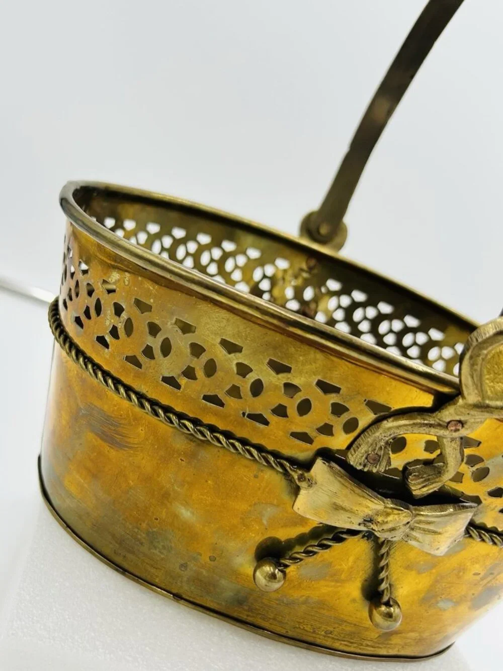 Vintage Solid Brass Basket Pierced Planter Twisted Rope Bow Tassels with Handle